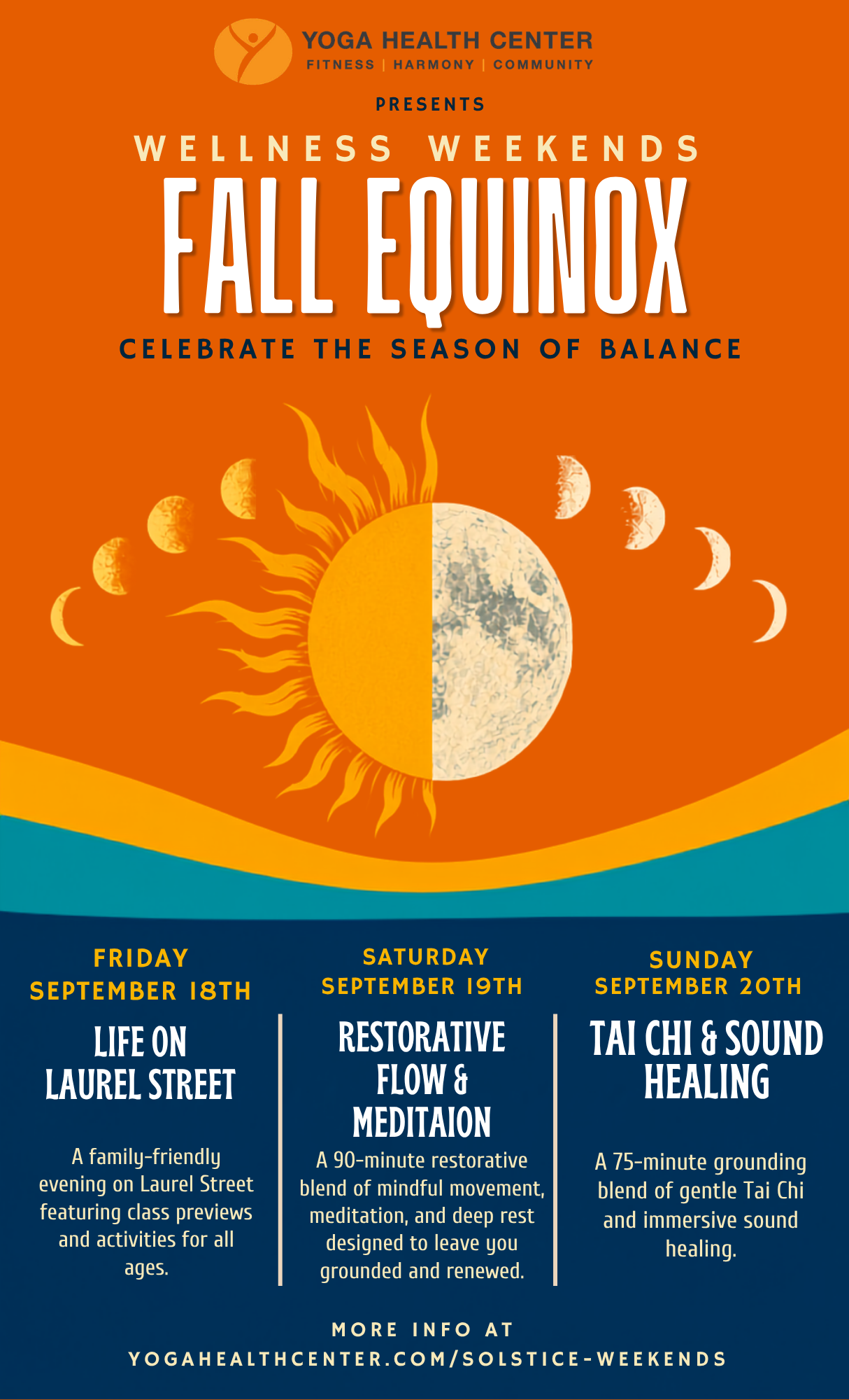 Fall Equinox Wellness Weekend poster: September 18–20, 2026, featuring Life on Laurel Street, Restorative Flow and Meditation, and Tai Chi and Sound Healing