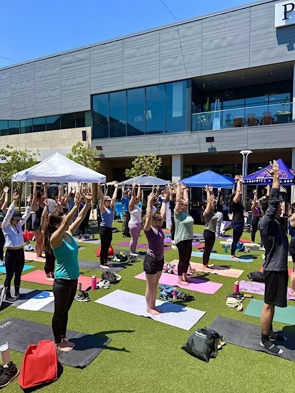 Outdoor yoga participants reaching upward together at YHC Fit Fest