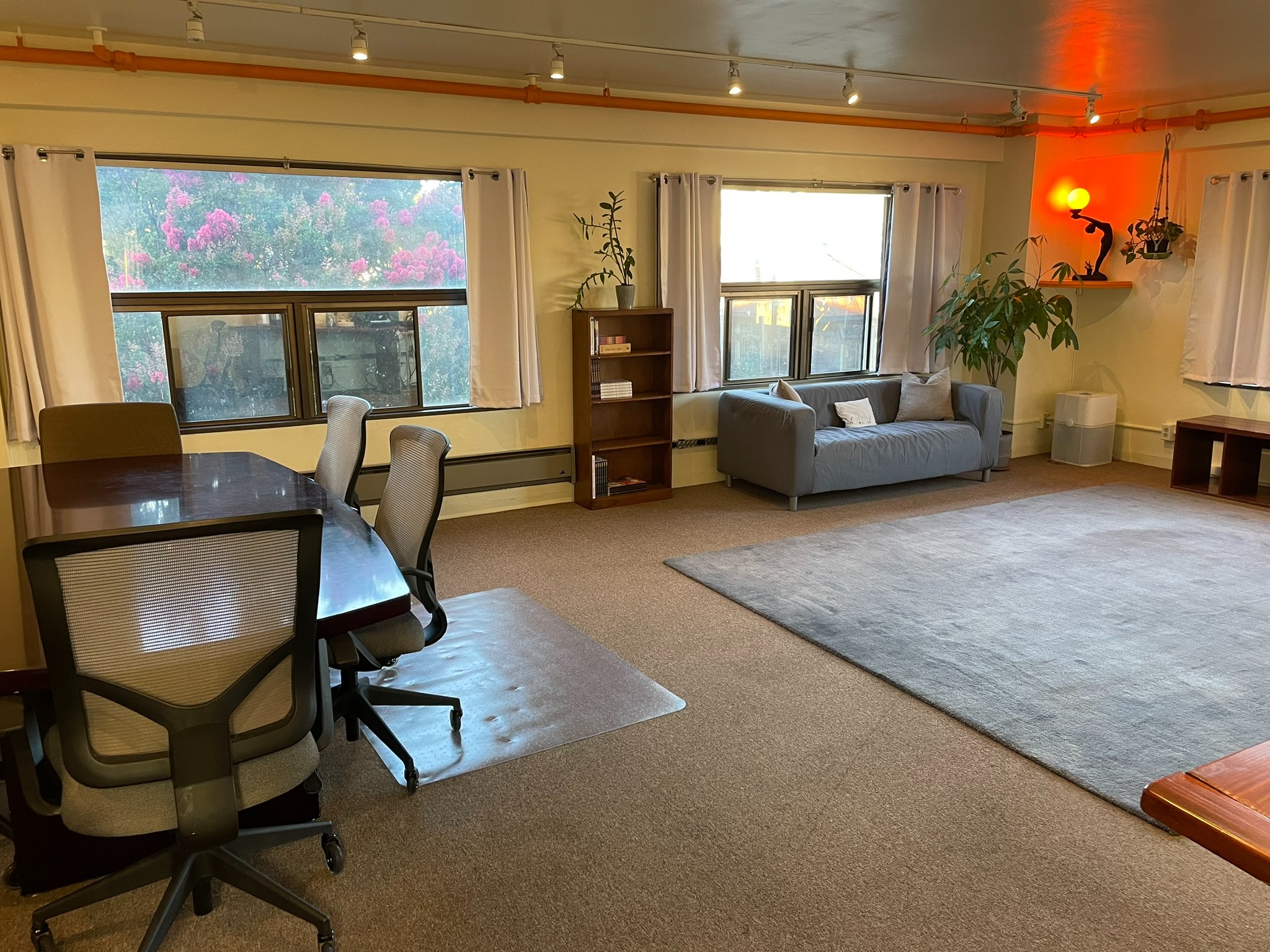 Our dedicated Wellness Center with a meeting table, chairs, sofa and large windows